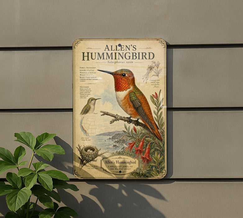 A vintage metal sign featuring an illustration of a hummingbird, with text and illustrations related to the bird.