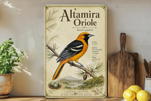 a vintage-style poster of an orange and black bird, specifically the Alamira Oriole, perched on a branch. The poster is displayed on a shelf next to a wooden cutting board and a potted plant.