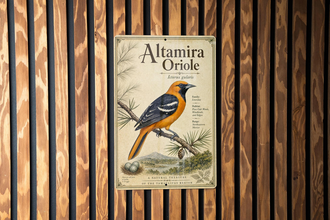 a vintage-style metal plaque with an illustration of a bird perched on a branch, set against a wooden background.