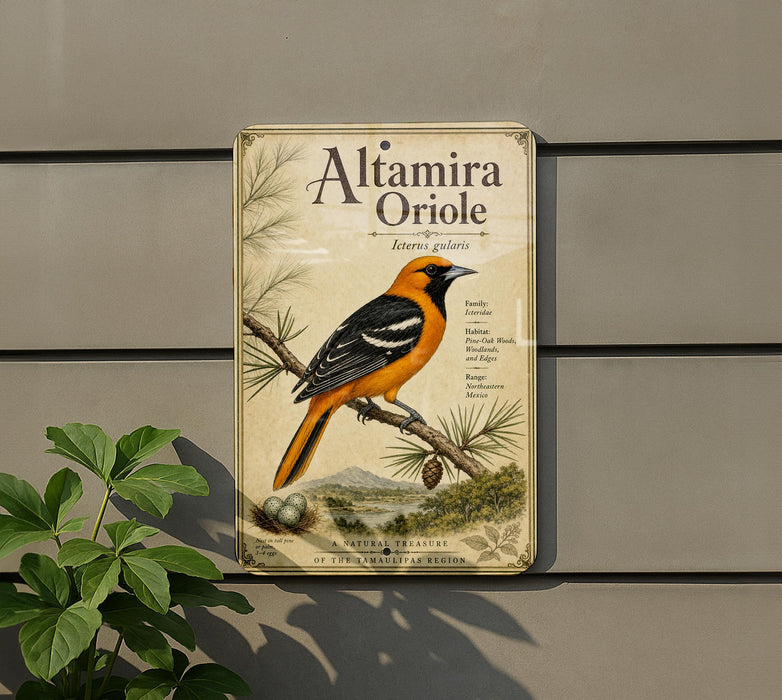 a metal sign with an illustration of an orange and black bird, likely an oriole, perched on a branch.