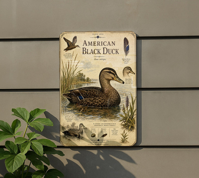 The image is a vintage-style illustration of an American Black Duck, featuring detailed illustrations of the duck in its natural habitat.
