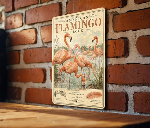 a vintage-style sign with an illustration of a flock of flamingos, mounted on a brick wall.