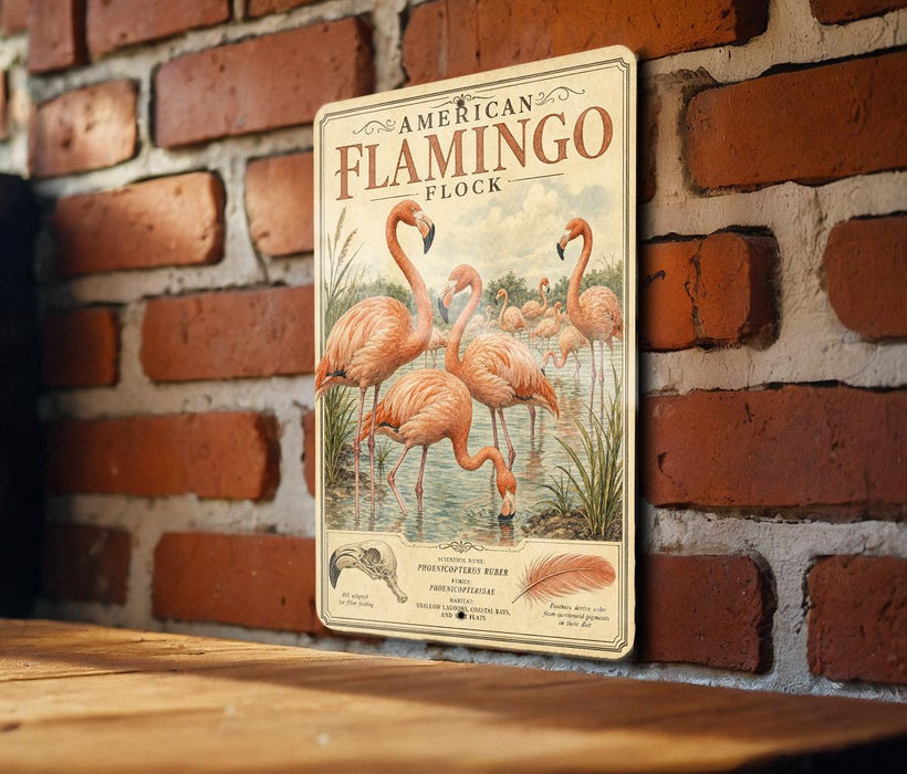 a vintage-style sign with an illustration of a flock of flamingos, mounted on a brick wall.