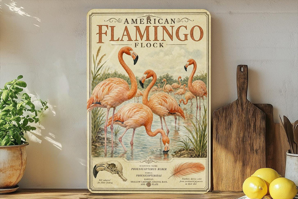 a vintage-style poster of a flock of flamingos, with a wooden board and some kitchen utensils in the background.