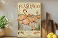 a vintage-style poster of a flock of flamingos, with a wooden board and some kitchen utensils in the background.