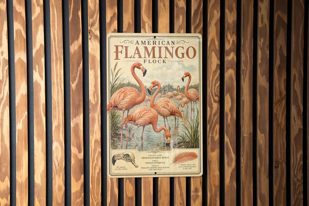 a vintage advertisement for American flamingos, with a large illustration of a group of flamingos in a pond.