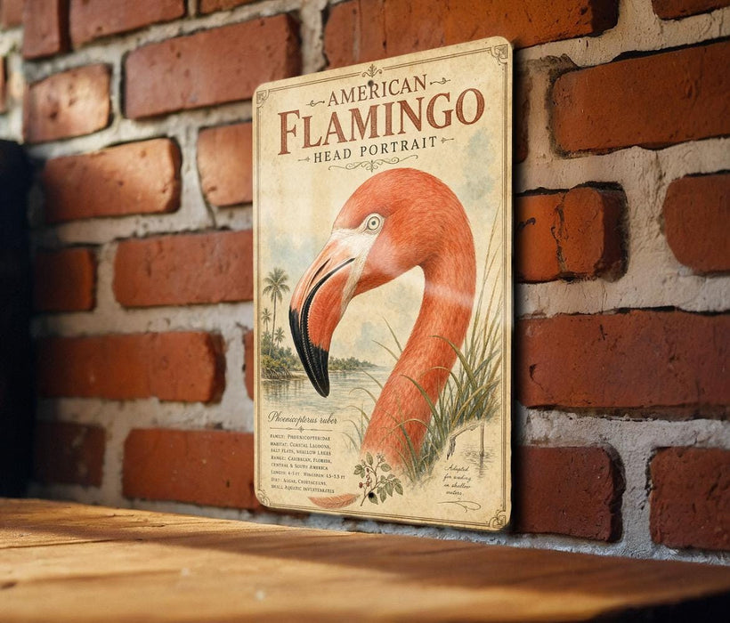 a vintage-style metal sign with an illustration of a flamingo's head, mounted on a brick wall.