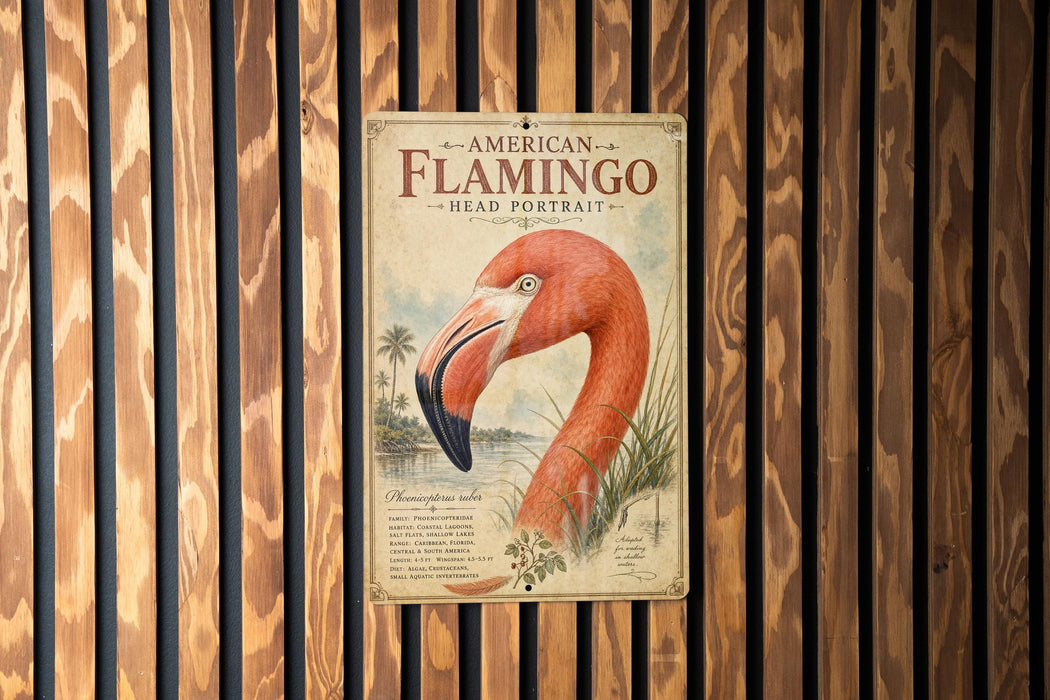 a vintage-style poster of a flamingo, mounted on a wooden wall.