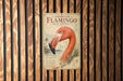 a vintage-style poster of a flamingo, mounted on a wooden wall.