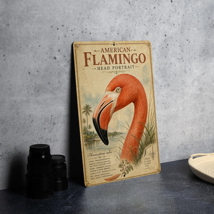 a vintage-style metal sign with an illustration of a flamingo, placed on a table next to some black camera lenses.