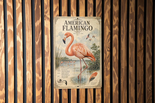 a vintage-style metal sign with an illustration of an American flamingo, mounted on a wooden wall.
