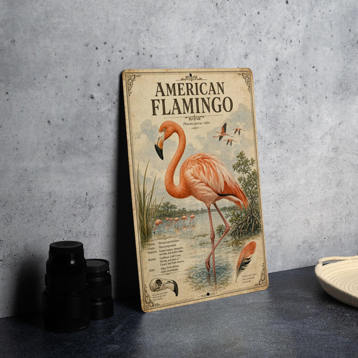 A vintage-style metal sign depicting an American flamingo, with a detailed illustration of the bird and its natural habitat.