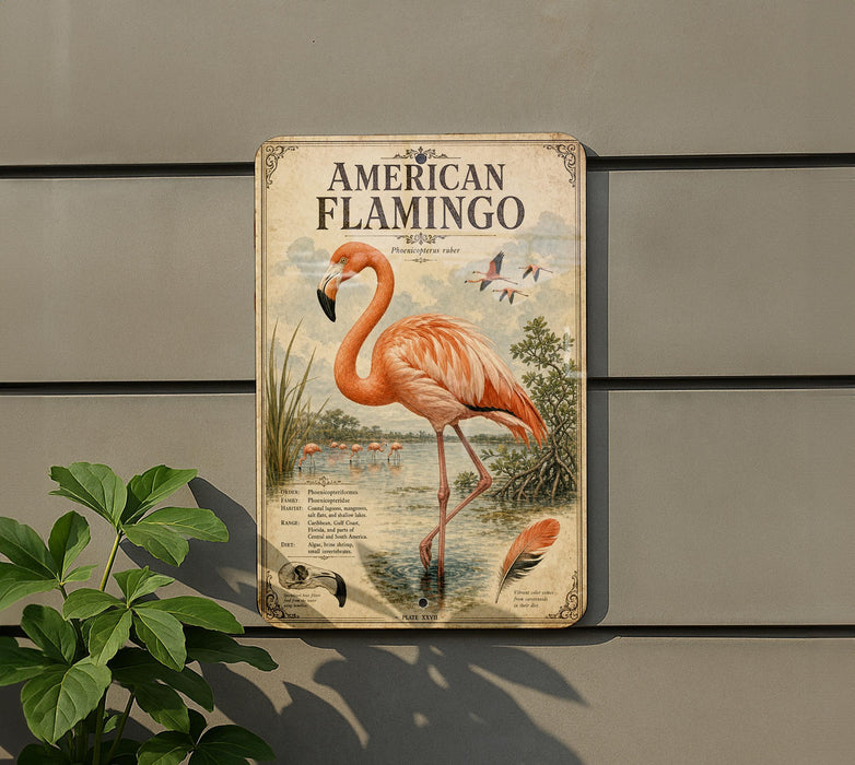 a vintage-style metal sign depicting an American flamingo, with a lush green plant in the foreground.