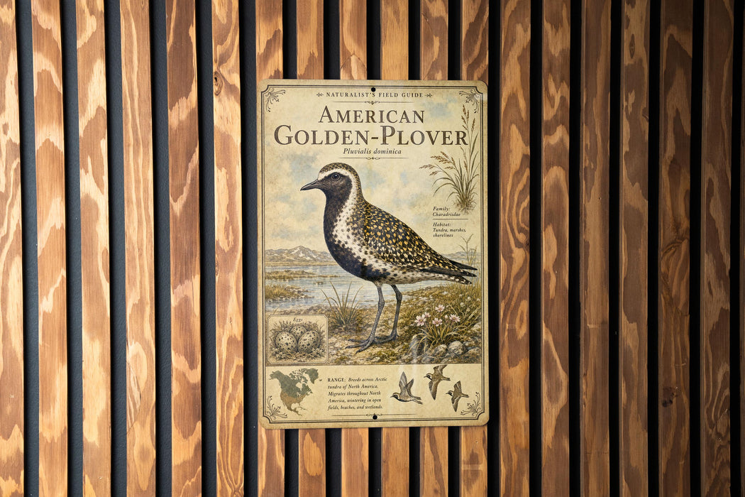 a vintage-style field guide for the American Golden-Plover, with a detailed illustration of the bird and text providing information about the species.