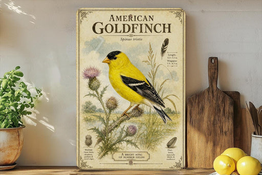 A vintage-style poster of an American Goldfinch, featuring a detailed illustration of the bird perched on a thistle plant, is displayed on a shelf next to a wooden cutting board and a potted plant.
