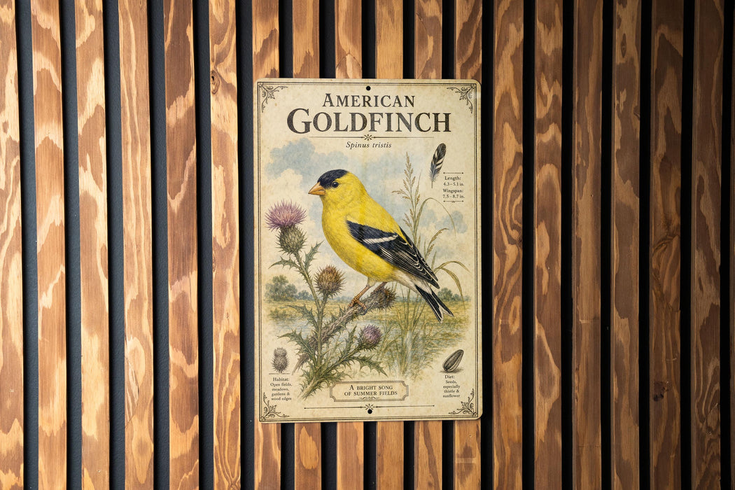 A vintage-style metal sign depicting an American Goldfinch, with illustrations of the bird and its natural habitat.