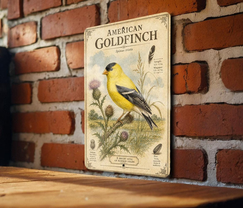 A vintage-style metal sign featuring an illustration of a yellow finch, with text describing the bird and its habitat.