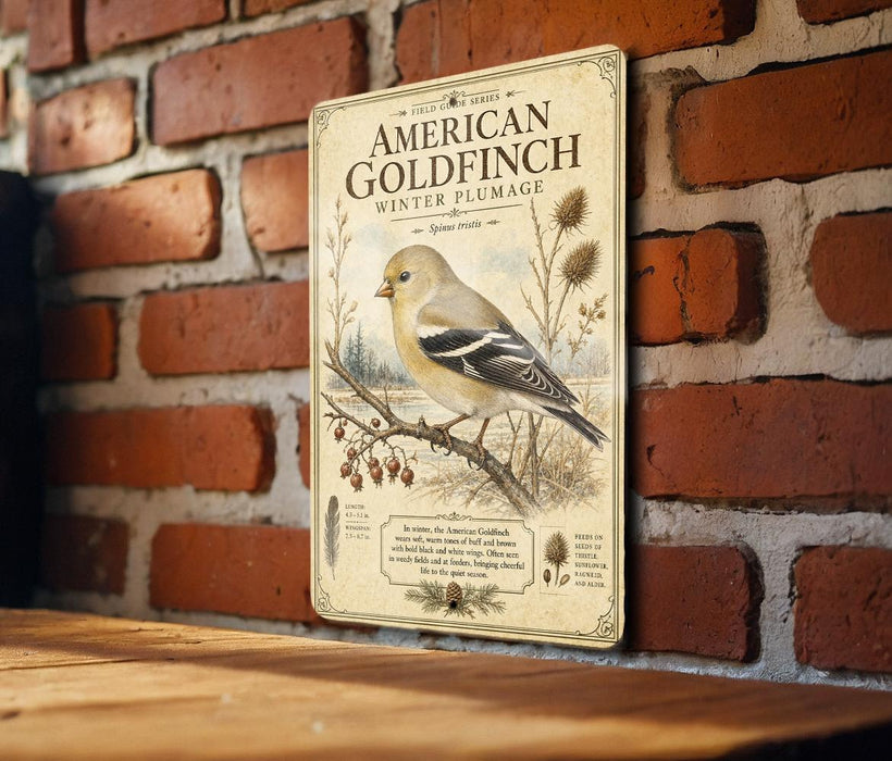 A vintage-style metal sign featuring an illustration of a golden finch perched on a branch, with text describing the bird and its habitat.