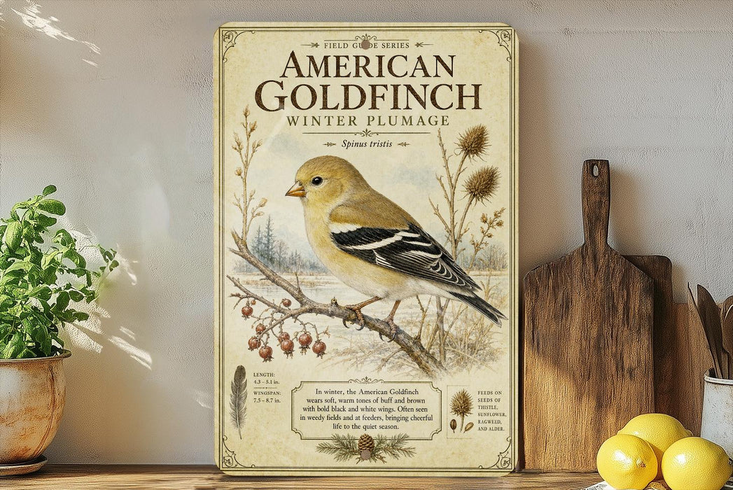 a vintage-style illustration of an American Goldfinch, a winter plumage bird, perched on a branch with berries and other natural elements. The illustration is set against a backdrop of a field and a tree, creating a serene and picturesque scene. The text on the illustration provides information about the American Goldfinch, including its size, wing span, and feeding habits. The image is displayed on a wooden shelf, with a potted plant and a cutting board visible in the background.
