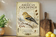 a vintage-style illustration of an American Goldfinch, a winter plumage bird, perched on a branch with berries and other natural elements. The illustration is set against a backdrop of a field and a tree, creating a serene and picturesque scene. The text on the illustration provides information about the American Goldfinch, including its size, wing span, and feeding habits. The image is displayed on a wooden shelf, with a potted plant and a cutting board visible in the background.