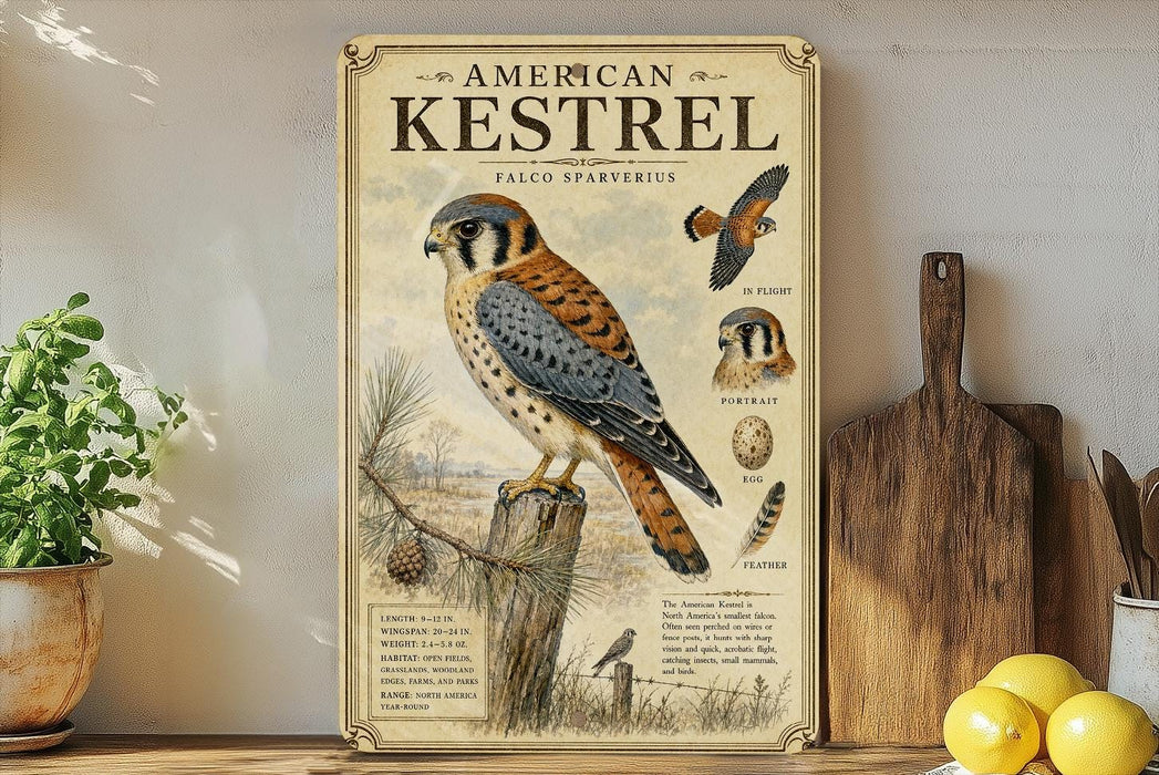 a framed illustration of an American Kestrel, a bird of prey, perched on a pine tree branch. The illustration includes detailed illustrations of the bird's physical features and habitat.