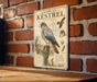 a vintage-style metal sign with illustrations and text about the American Kestrel, a bird of prey.