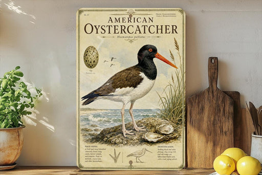 a vintage-style illustration of an American Oystercatcher, a bird with a distinctive black and white plumage, standing on a rock near the ocean. The illustration is accompanied by text that provides information about the bird, including its habitat, diet, and behavior. The image is displayed on a wall, with a potted plant, a wooden cutting board, and some lemons arranged nearby.