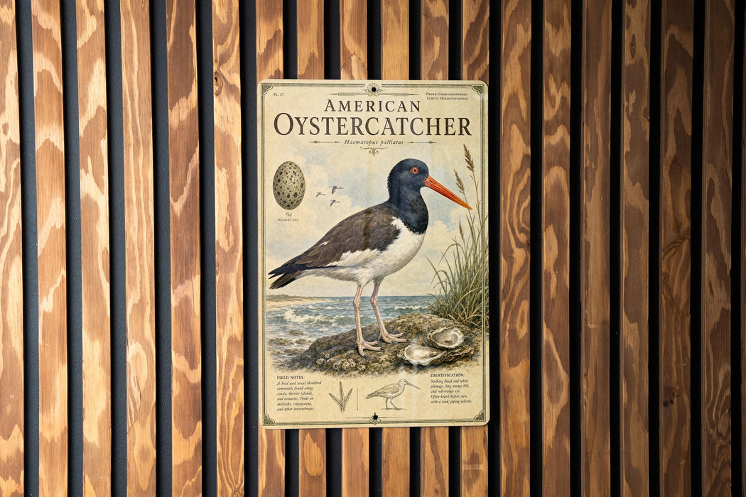 a vintage-style metal sign with an illustration of an American oystercatcher, mounted on a wooden wall.
