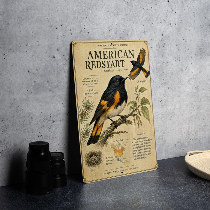 a vintage-style metal plaque with an illustration of an American Redstart bird, placed on a table next to some black camera lenses.