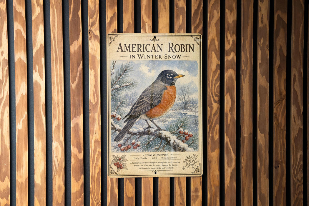A vintage-style metal sign with an illustration of a robin in winter snow, mounted on a wooden wall.