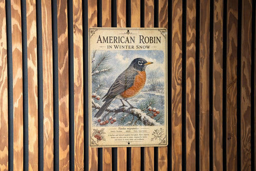 A vintage-style metal sign with an illustration of a robin in winter snow, mounted on a wooden wall.