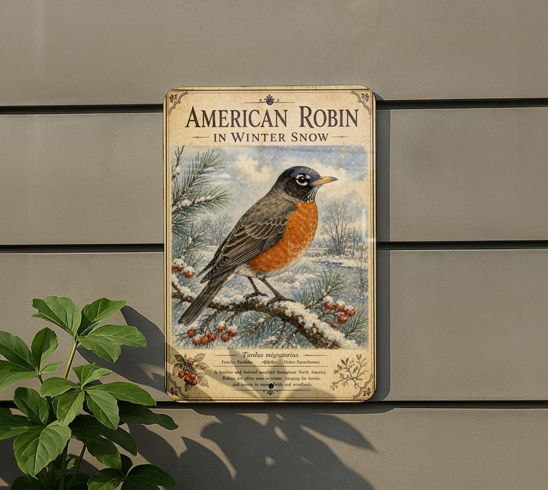 A vintage-style metal sign depicting an American robin in winter snow, mounted on a wall next to a plant.