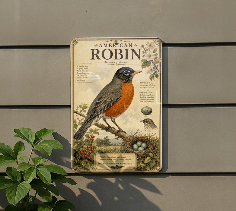a vintage-style metal sign with an illustration of a robin, mounted on a wall.