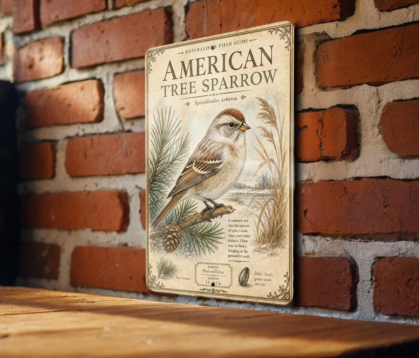 A vintage-style field guide for the American Tree Sparrow is displayed on a brick wall, featuring an illustration of the bird perched on a pine branch.