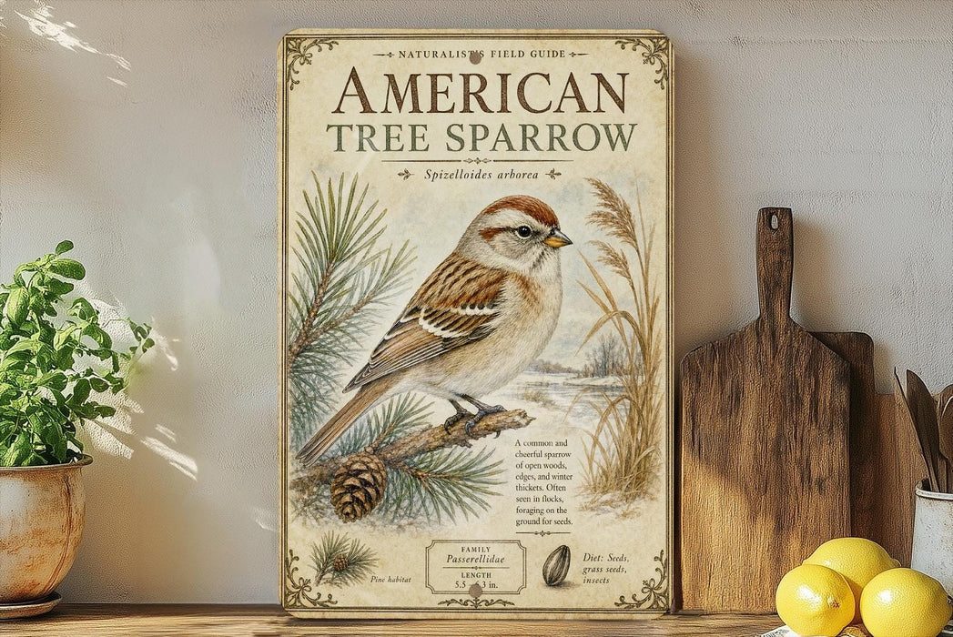 a vintage-style field guide for the American Tree Sparrow, which is a common and cheerful open-spined bird found in North America. The guide provides information about the bird's appearance, habitat, diet, and behavior, as well as includes a photograph of the bird perched on a pine branch. The guide is displayed on a shelf next to a wooden cutting board and a potted plant, creating a rustic and nature-inspired setting.