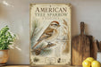 a vintage-style field guide for the American Tree Sparrow, which is a common and cheerful open-spined bird found in North America. The guide provides information about the bird's appearance, habitat, diet, and behavior, as well as includes a photograph of the bird perched on a pine branch. The guide is displayed on a shelf next to a wooden cutting board and a potted plant, creating a rustic and nature-inspired setting.