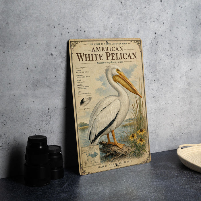 a vintage-style guide to the North American White Pelican, which is a large white bird with a long beak and legs.