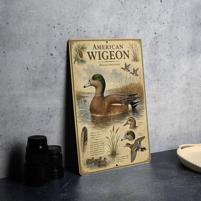 A metal sign displaying an illustration of an American wigeon, along with various bird illustrations and text.