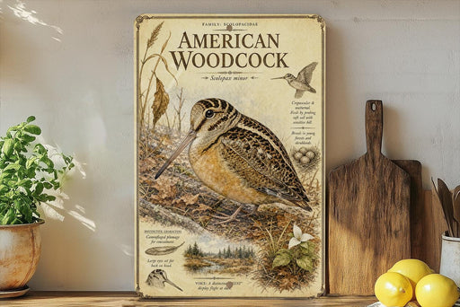 a vintage-style poster of an American Woodcock, a type of bird, displayed on a wall next to a wooden cutting board and some potted plants.