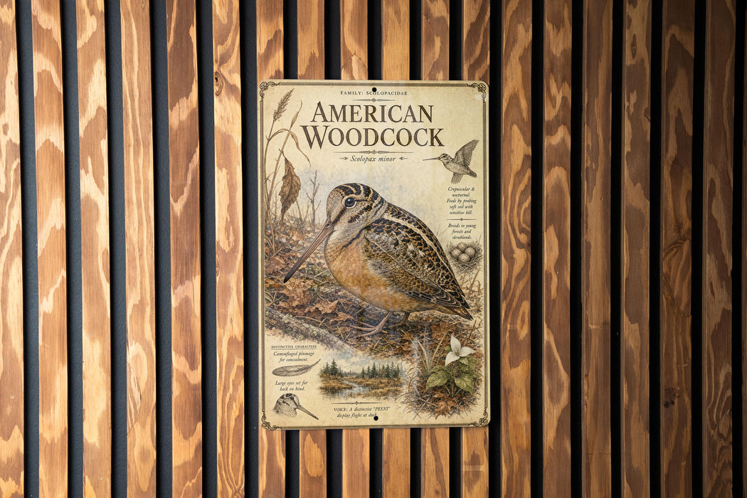 a detailed illustration of an American Woodcock, a type of woodpecker, on a wooden wall.