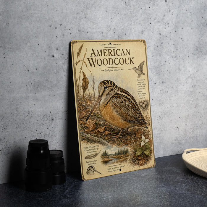 a metal plate with an illustration of an American Woodcock, a bird species, and various text elements related to the bird.