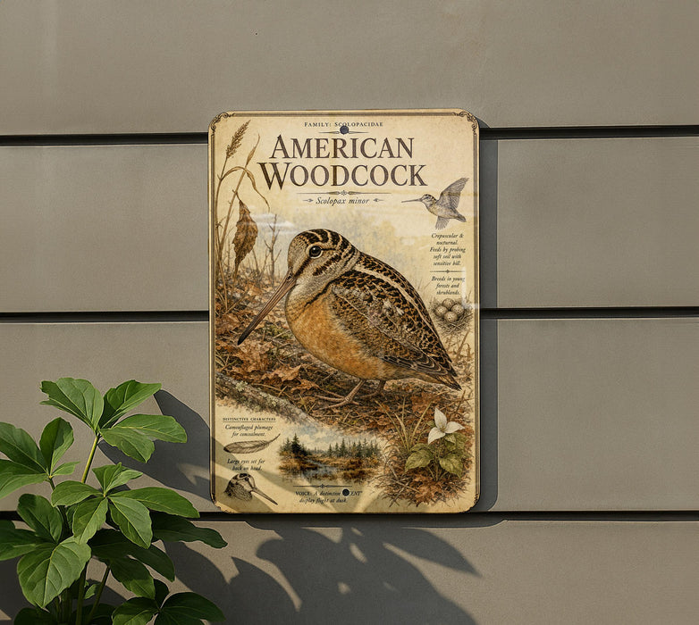a vintage-style metal plaque with an illustration of a woodcock bird, mounted on a wall.