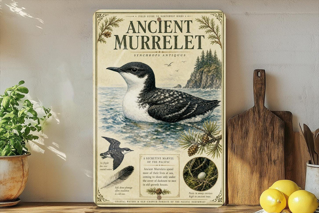 a vintage-style poster or book cover with illustrations and text about the ancient murrelet, a type of bird.