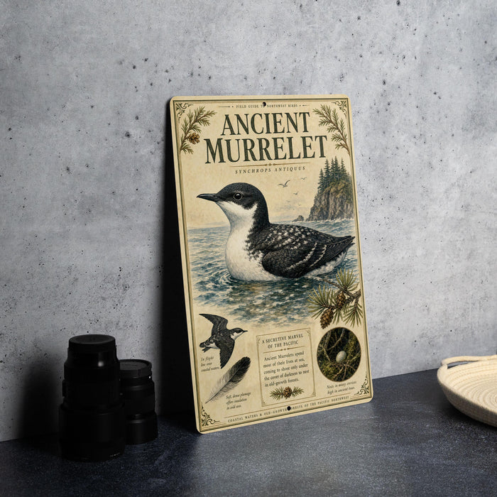 a vintage-style metal sign with illustrations and text, placed on a table next to some black camera lenses.