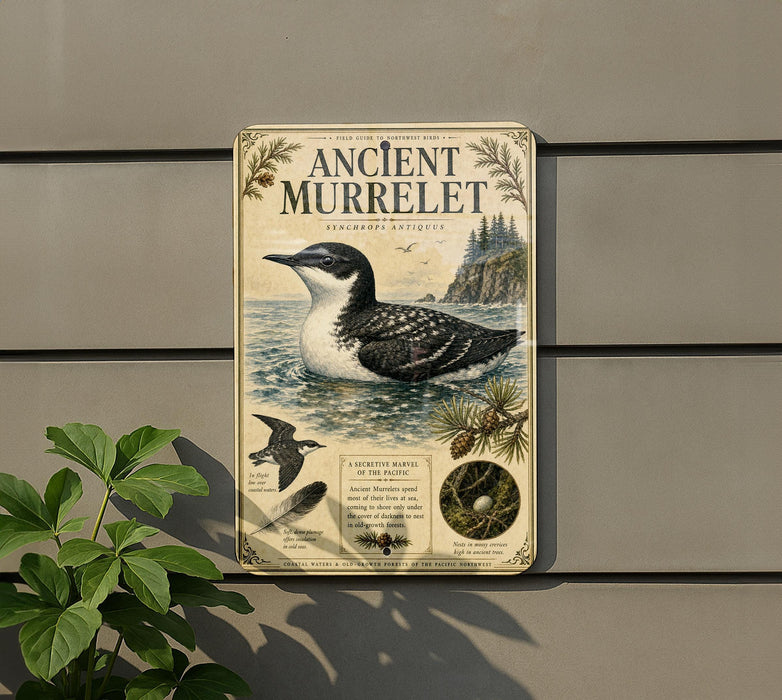 a metal sign with an illustration of a bird, likely a seagull, swimming in the water. The sign is mounted on a wall and is surrounded by greenery, including a plant to the left.