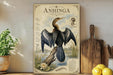 a poster of an Anhinga, a large heron, with a detailed illustration of its features and habitat. The poster is displayed on a wall, surrounded by various kitchen items such as a cutting board, a knife, a bowl, and a potted plant.