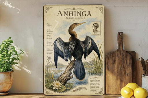 a poster of an Anhinga, a large heron, with a detailed illustration of its features and habitat. The poster is displayed on a wall, surrounded by various kitchen items such as a cutting board, a knife, a bowl, and a potted plant.