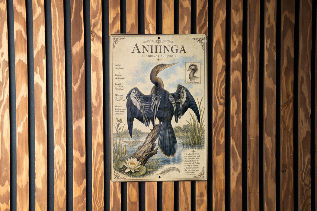 a poster of an Anhinga, a large wading bird, with a detailed illustration of the bird and its natural habitat.