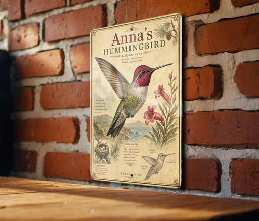 A vintage-style metal sign featuring an illustration of a hummingbird is mounted on a brick wall.