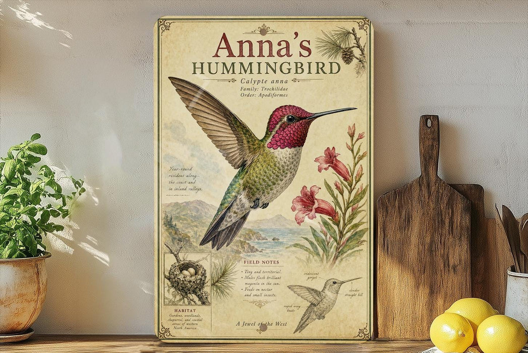 A framed illustration of a hummingbird, featuring detailed illustrations of the bird, flowers, and other elements, is displayed on a shelf next to a wooden cutting board and a potted plant.